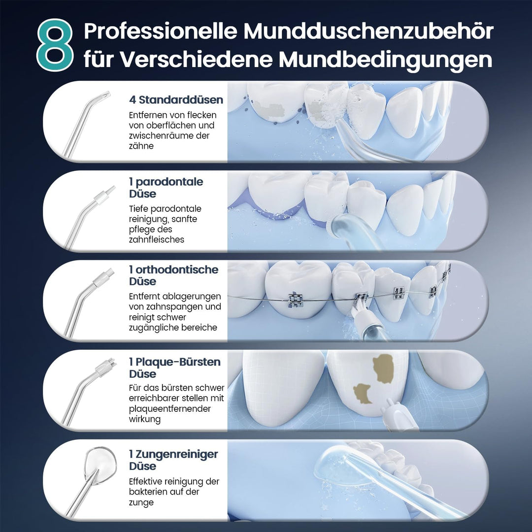 Munddusche Kabellos Elektrischer Zahnreiniger, Vimmk Zahndusche Water Flosser 5 Modi & 8 Düsen USB-C