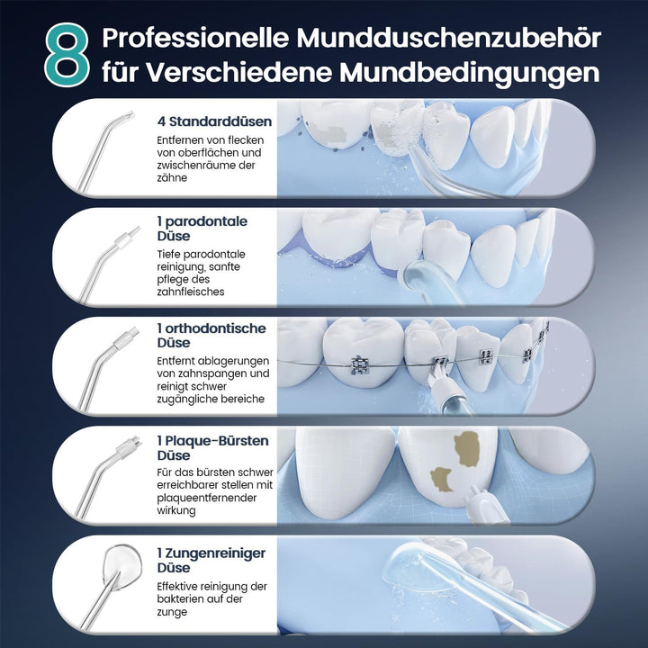 Munddusche Kabellos Elektrischer Zahnreiniger, Vimmk Zahndusche Water Flosser 5 Modi & 8 Düsen USB-C