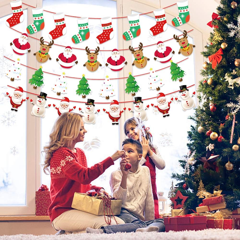 4 Stück Weihnachten Bunting Banner, Weihnachten Girlande Papier, Santa Banner Schneemann Weihnachtss