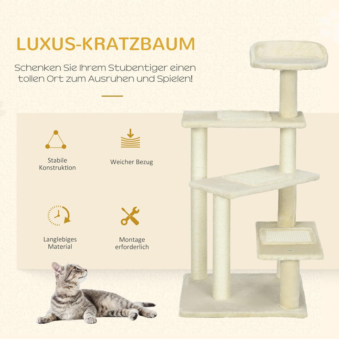 PawHut Kratzbaum 100 cm mit Sisalstämme für mittelgrosse Katzen Beige | Grosse Plattform, Mehrstöcki