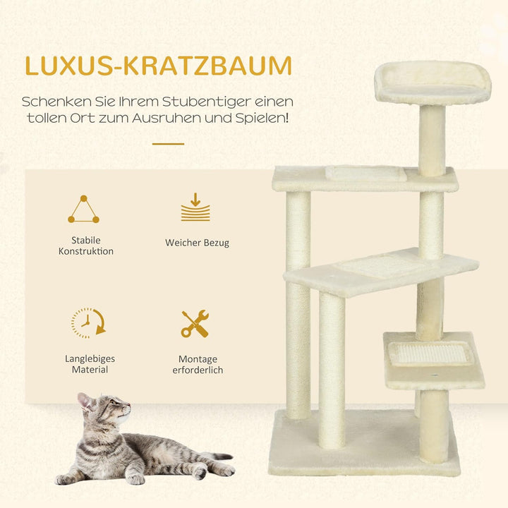 PawHut Kratzbaum 100 cm mit Sisalstämme für mittelgrosse Katzen Beige | Grosse Plattform, Mehrstöcki