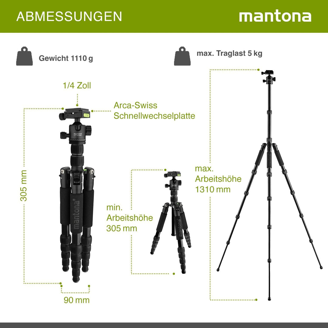 mantona Reisestativ Light Traveller, stabiles Aluminium I leichtes Kamera-Stativ , Kugelkopf + Wechs
