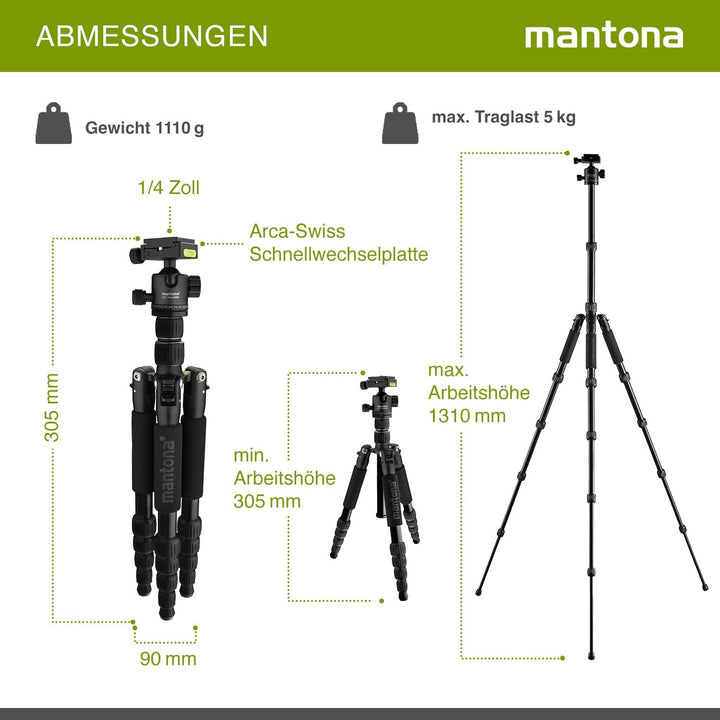 mantona Reisestativ Light Traveller, stabiles Aluminium I leichtes Kamera-Stativ , Kugelkopf + Wechs