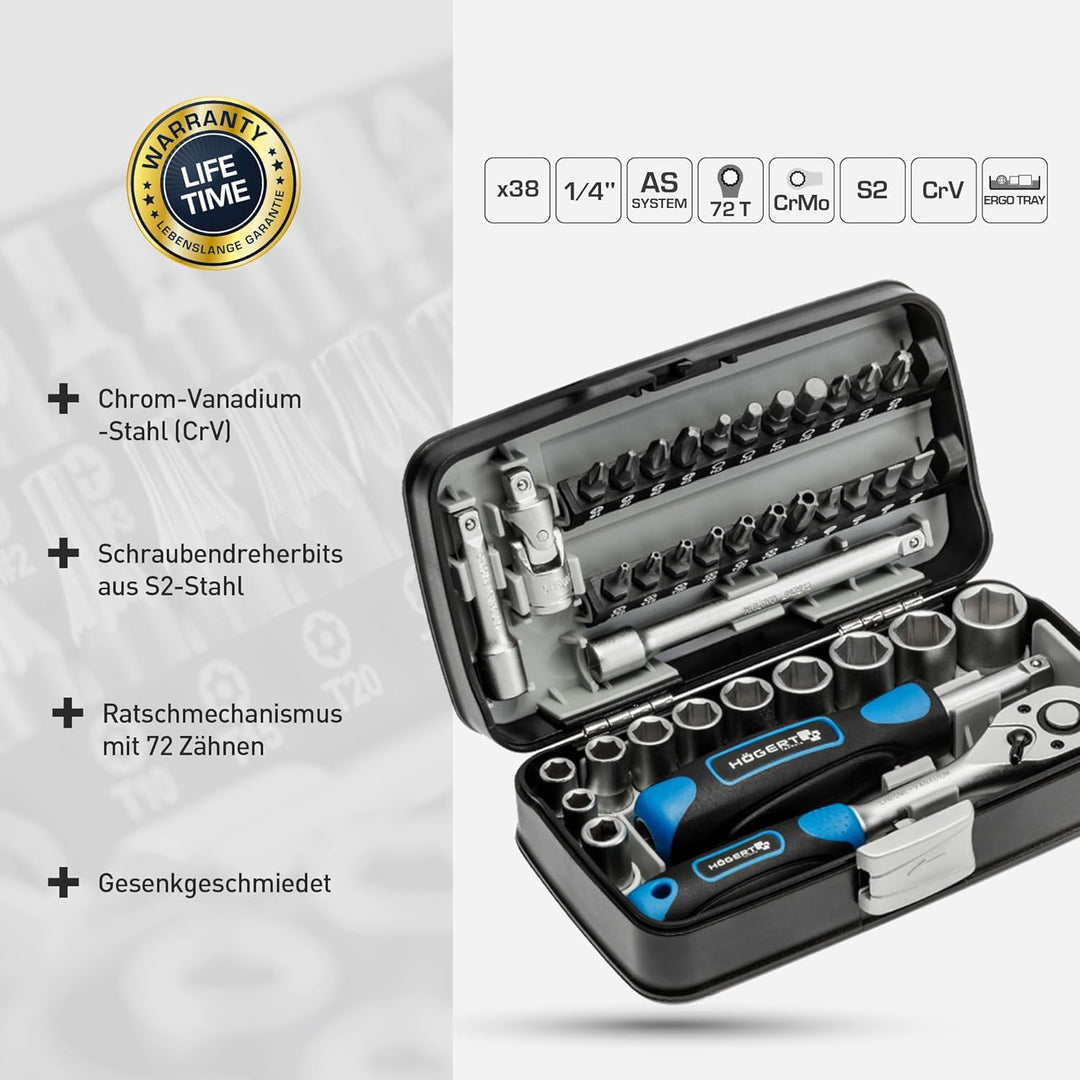 Högert Technik - Werkzeugset I Steckschlüssel, Bits und Ausstattung 1/4” I Legiertem Chrom-Vanadium-