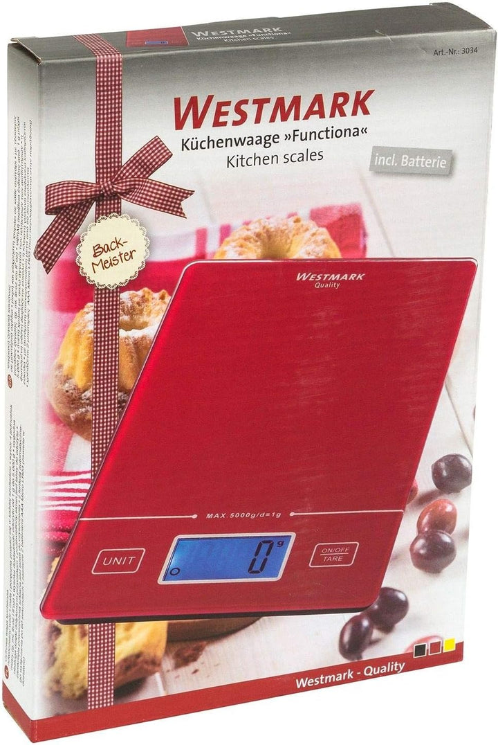 Westmark Digitale Küchenwaage mit Tara-Funktion, Wiegebereich bis 5 Kg, Glas-Wiegefläche, 22 x 15,3
