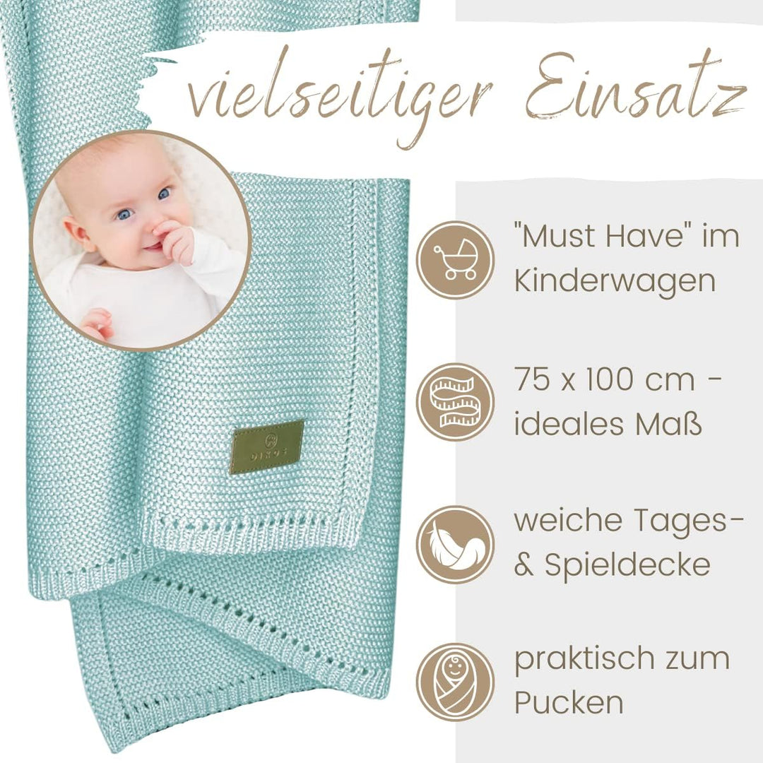 DIKOS® Babydecke Mint *100%* GOTS Bio Baumwolle | Neugeborenen Decke Kinderwagen mintgrün ganzjährig