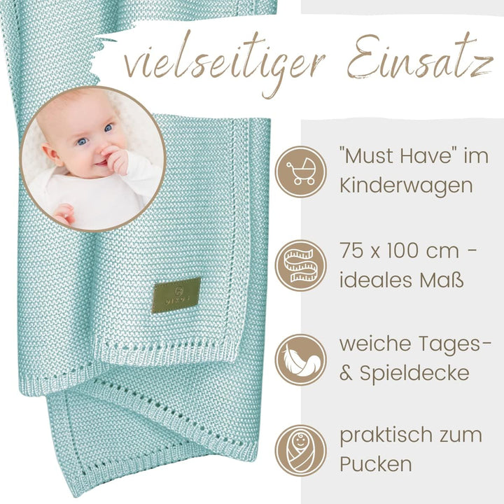 DIKOS® Babydecke Mint *100%* GOTS Bio Baumwolle | Neugeborenen Decke Kinderwagen mintgrün ganzjährig