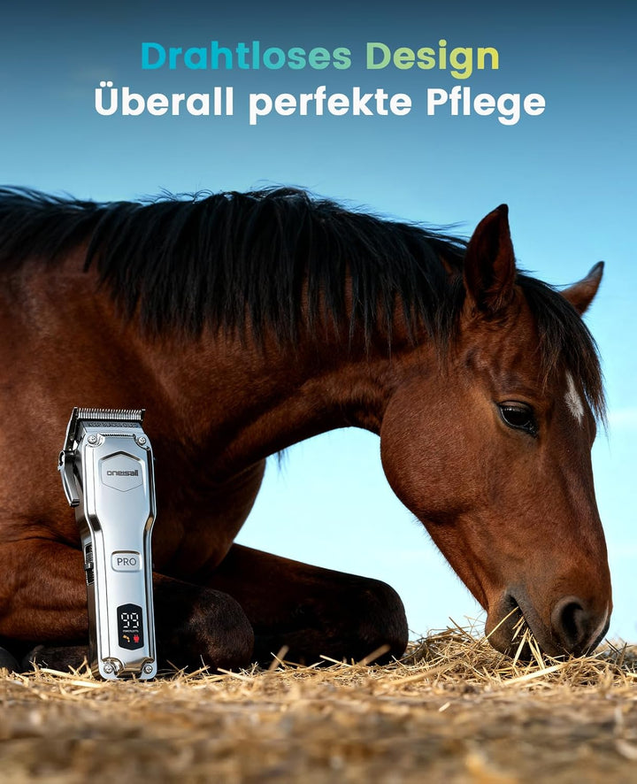 oneisall Kabellose Leise Schermaschine Pferd Hund Langhaar dickes Fell, Hundeschermaschine mit abneh