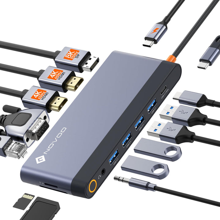 NOVOO USB C Docking Station 4 Monitore 14-in-1 USB C Hub mit 4K@120Hz DisplayPort,2HDMI 4K@60Hz,VGA,