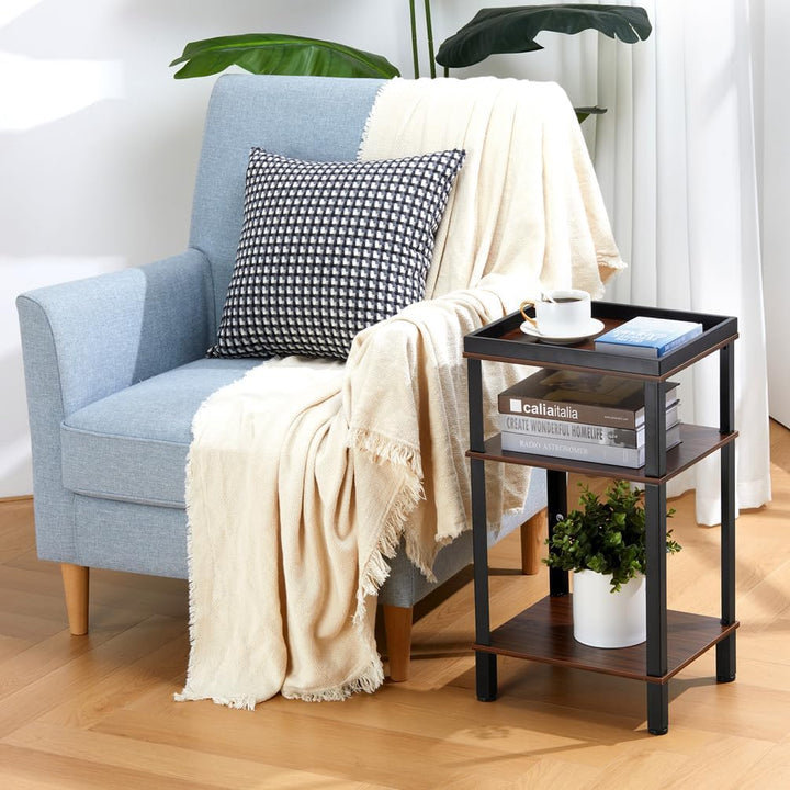 Beistelltisch Industrial Design, Nachttisch mit 3 Ebenen &amp; Hohem Rand, Kleiner Sofatisch Holzoptik D