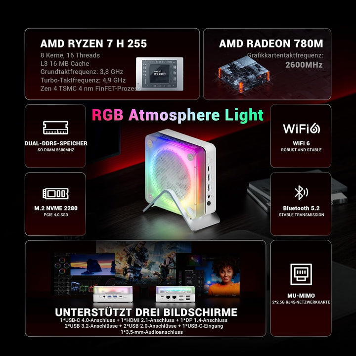 Mini PC Ryzen 7 H 255 (8/16, 3.8-4.9GHz), Radeon 780M, 16GB DDR5 5600MHz, 512GB PCIe 4.0 SSD, WLAN 6