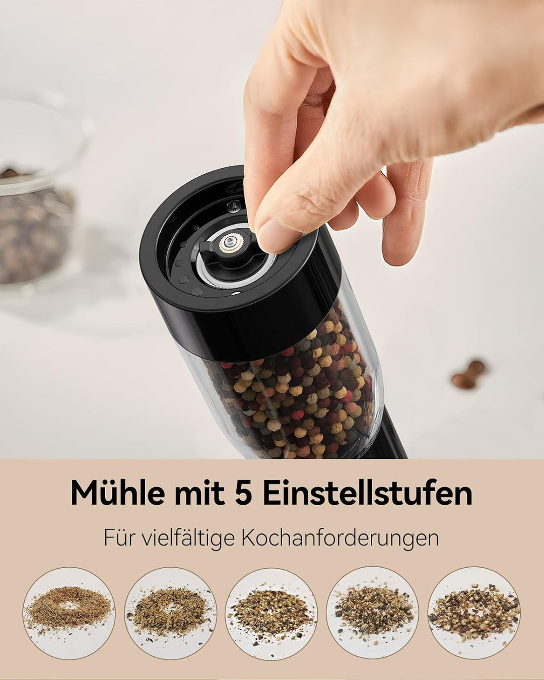 TOMEEM Elektrisches Salz- und Pfeffermühlen-Set – wiederaufladbar mit LED-Betriebsanzeige, 5-stufig