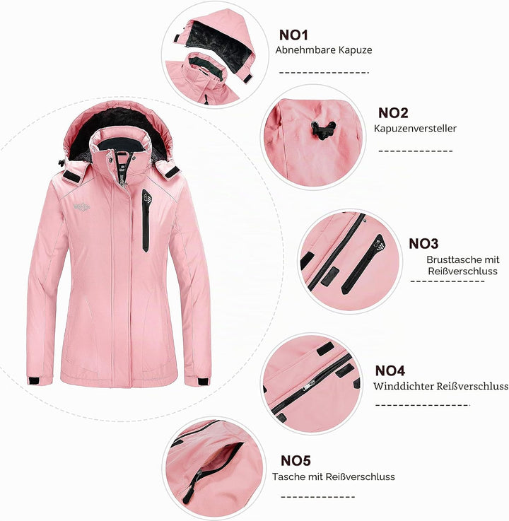 Wantdo Damen Winter Skijacke Warm Fleece Mantel Berg Snowboardjacke Outdoor Kapuzen Windbreaker Jack