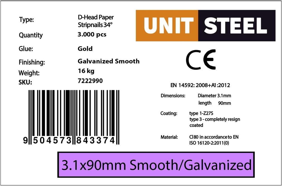 Halbkopf-Streifennägel - 3,1X90mm, 3.000 stück, Nägel für Druckluft-Nagler, D-Kopf, Glatt/Verzinkt,