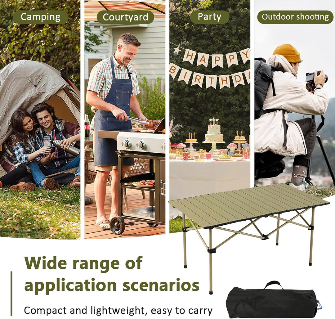 Campingtisch faltbar – Rolltisch mit aufrollbarer Tischplatte, tragbarer Klapptisch aus Stahl inkl.