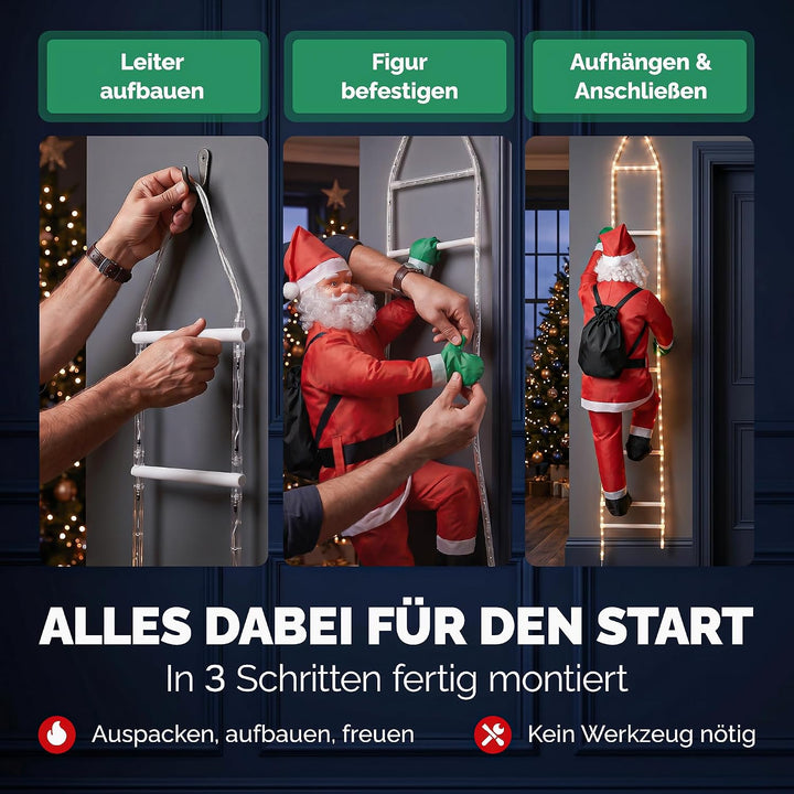 MONZANA® LED Weihnachtsmann Leiter XXL 240cm In-/Outdoor Timer 8 Leuchtfunktionen Fernbedienung dimm
