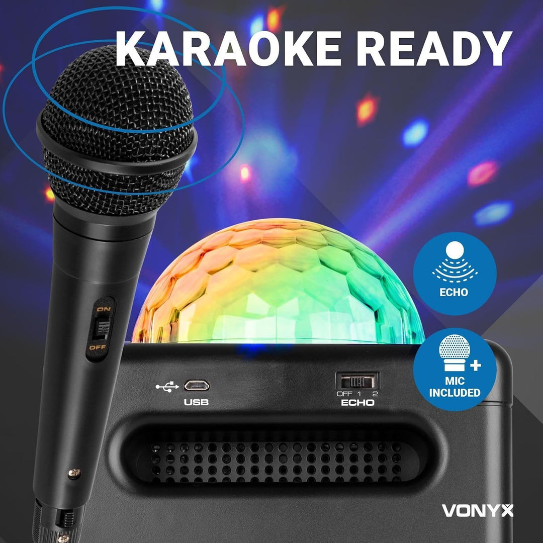 Vonyx SBS50P Karaoke Box mini Blockrocker Lautsprecher, Karaoke Maschine mit 1 Mikrofon und Akku Mus