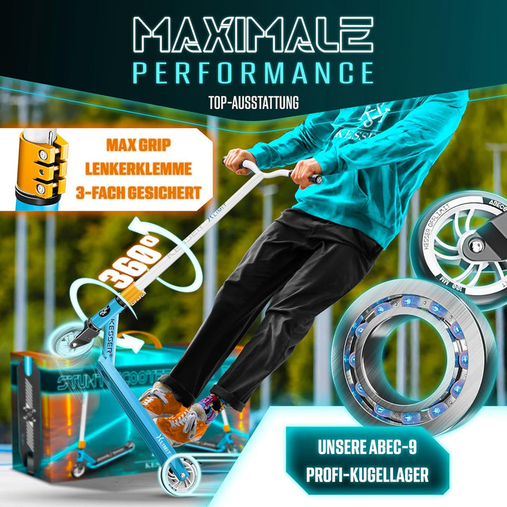 KESSER® Stunt Scooter X-Limit-Pro 360° Lenkung Funscooter Stuntscooter mit Ständer ABEC 9 Kugellager
