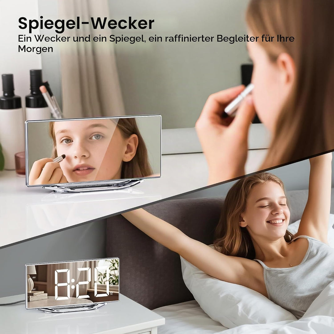 Mesqool Spiegel Digital Wecker mit Vibration, Wecker Laut für Tiefschläfer, Grosses LED-Display mit