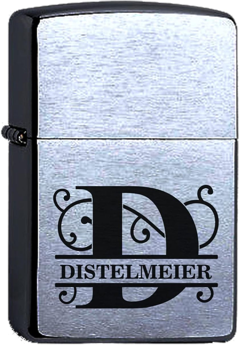 Zippo Benzinfeuerzeug Chrome Brushed personalisiert mit Name und Split Letter Monogramm Gravur Perso