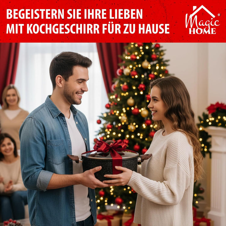 MAGIC HOME Aluguss Topf 28 cm INDUKTION | Marmor Antihaft | Grosser Beschichteter Kochtopf mit Glasd