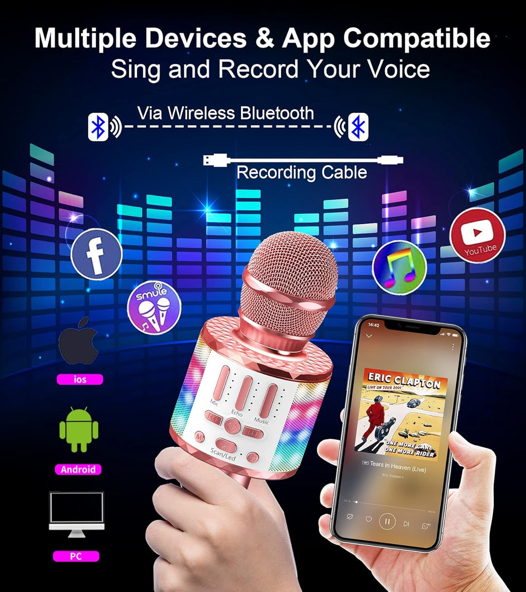 Karaoke Mikrofon, Drahtloses Bluetooth Mikrofon Kinder mit LED, Tragbares Karaoke Maschine zum Singe