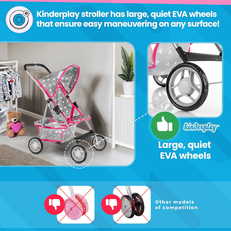 Kinderplay Puppenwagen, Puppen Buggy Kinderwagen, Buggy mit Anschnallgurt und Einkaufsnetz - Babyspi