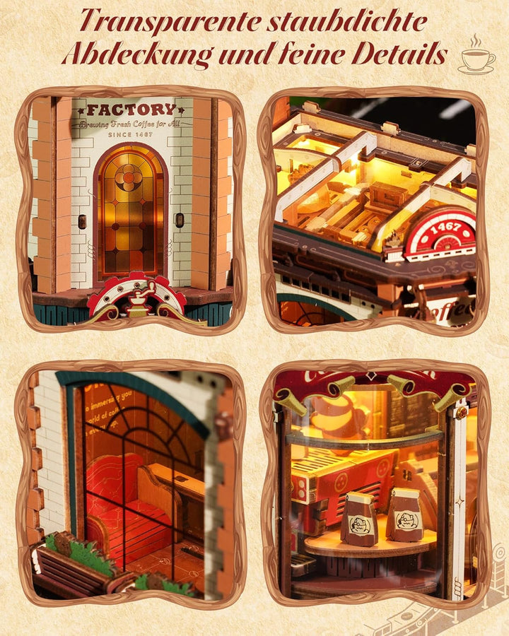 ROKR Dream Coffee Factory EAB02 DIY Miniatur Puppenhaus Spieluhr für Erwachsene, Mechanisches Kaffee