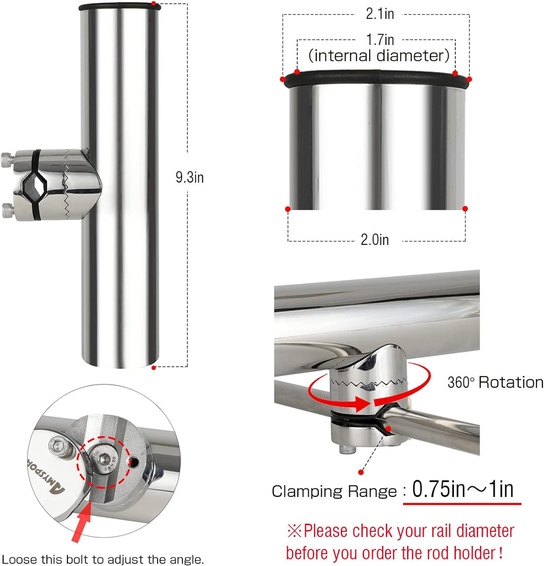 AMYSPORTS Rutenhalter Edelstahl auf Angelrutenhalter für Schienen 3/4" bis 1" 19mm bis 25mm