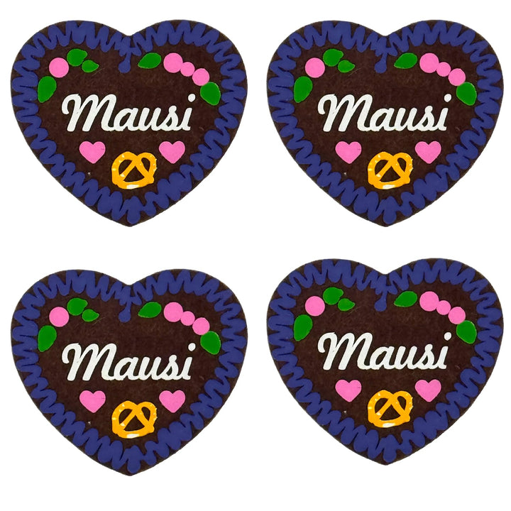 4er-Set Filzherz Anstecker MAUSI im Lebkuchenherz-Design (7 x 6,5 cm) - Oktoberfest Volksfest Wiesn