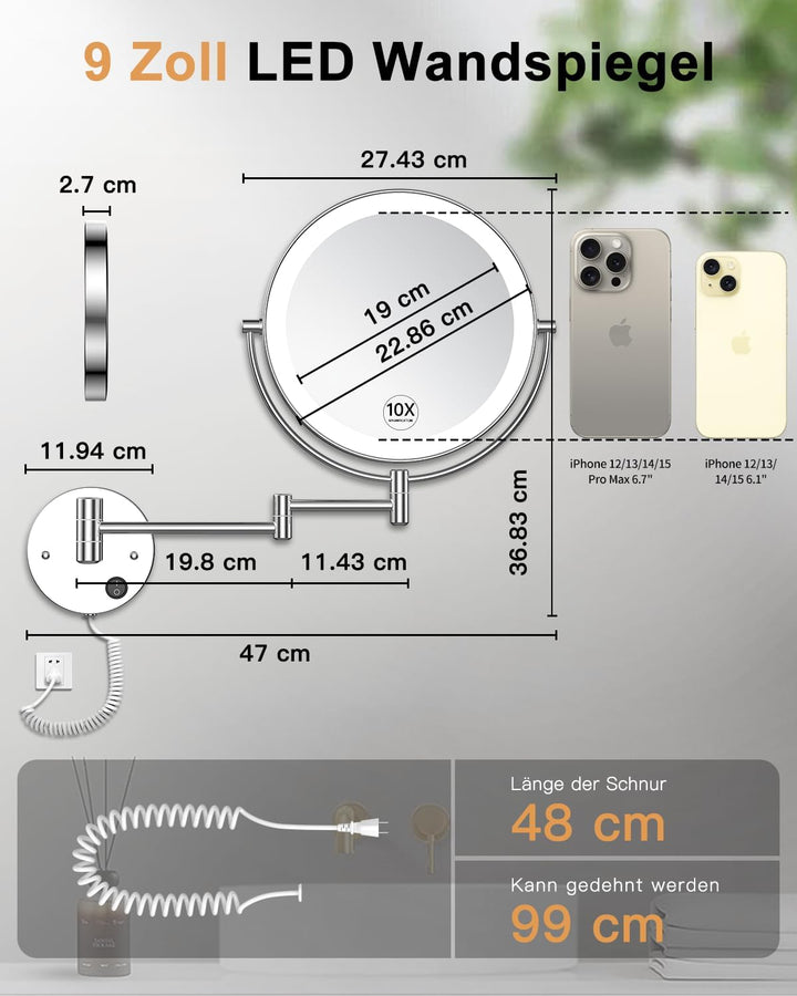 Gospire 9'' Wandmontage Schminkspiegel mit Beleuchtung mit 3 Farben & Dimmable, 1X/10X Vergrösserung