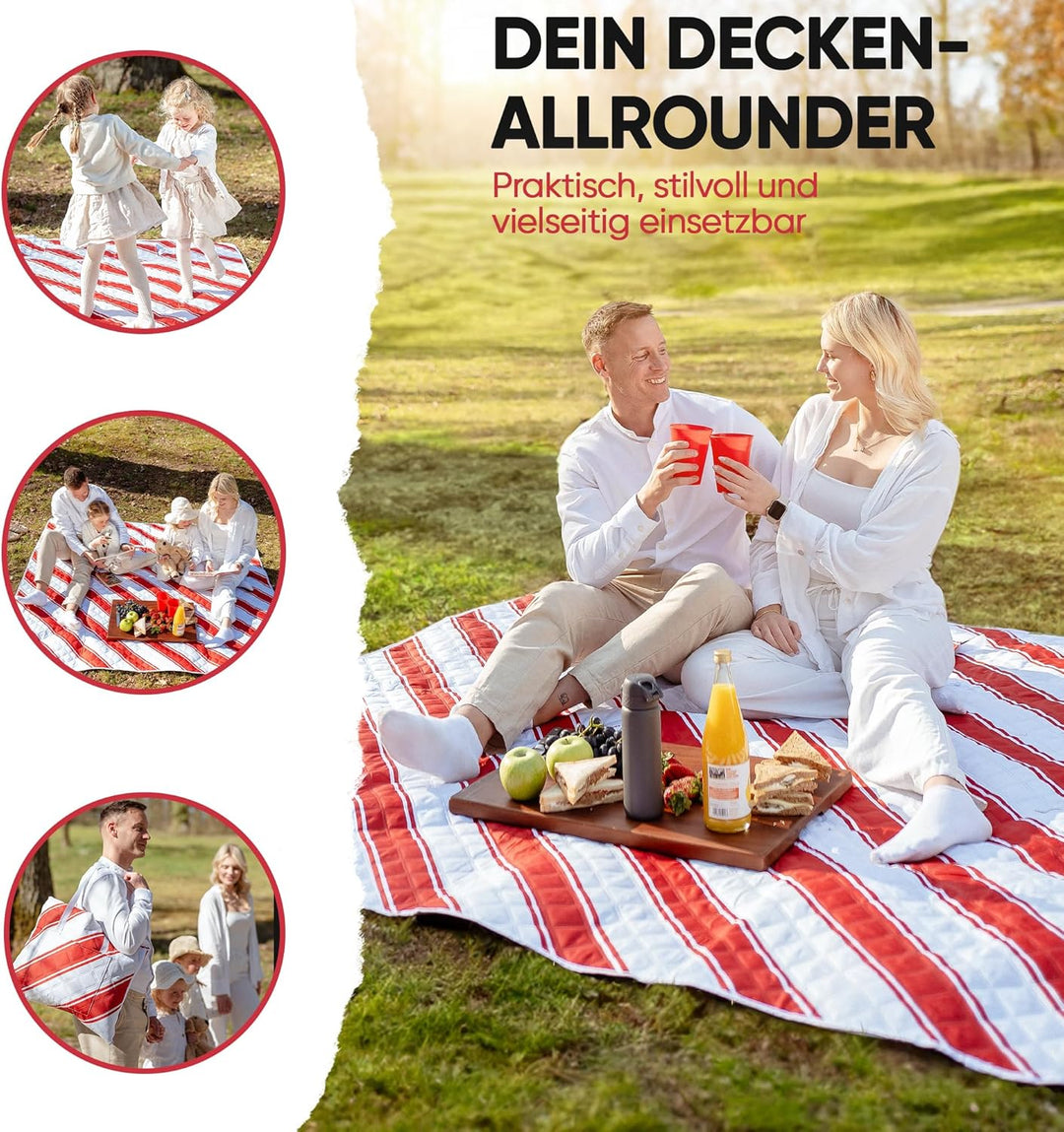 Picknickdecke wasserdicht 150x200cm isoliert & gepolstert - Stranddecke sandfrei – ideal für Camping