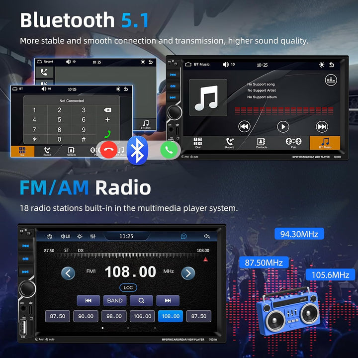 Podofo Carplay 2 Din Car Stereo, 7 Zoll Bluetooth Autoradio, Doppel Din Radio Unterstützung Wireless