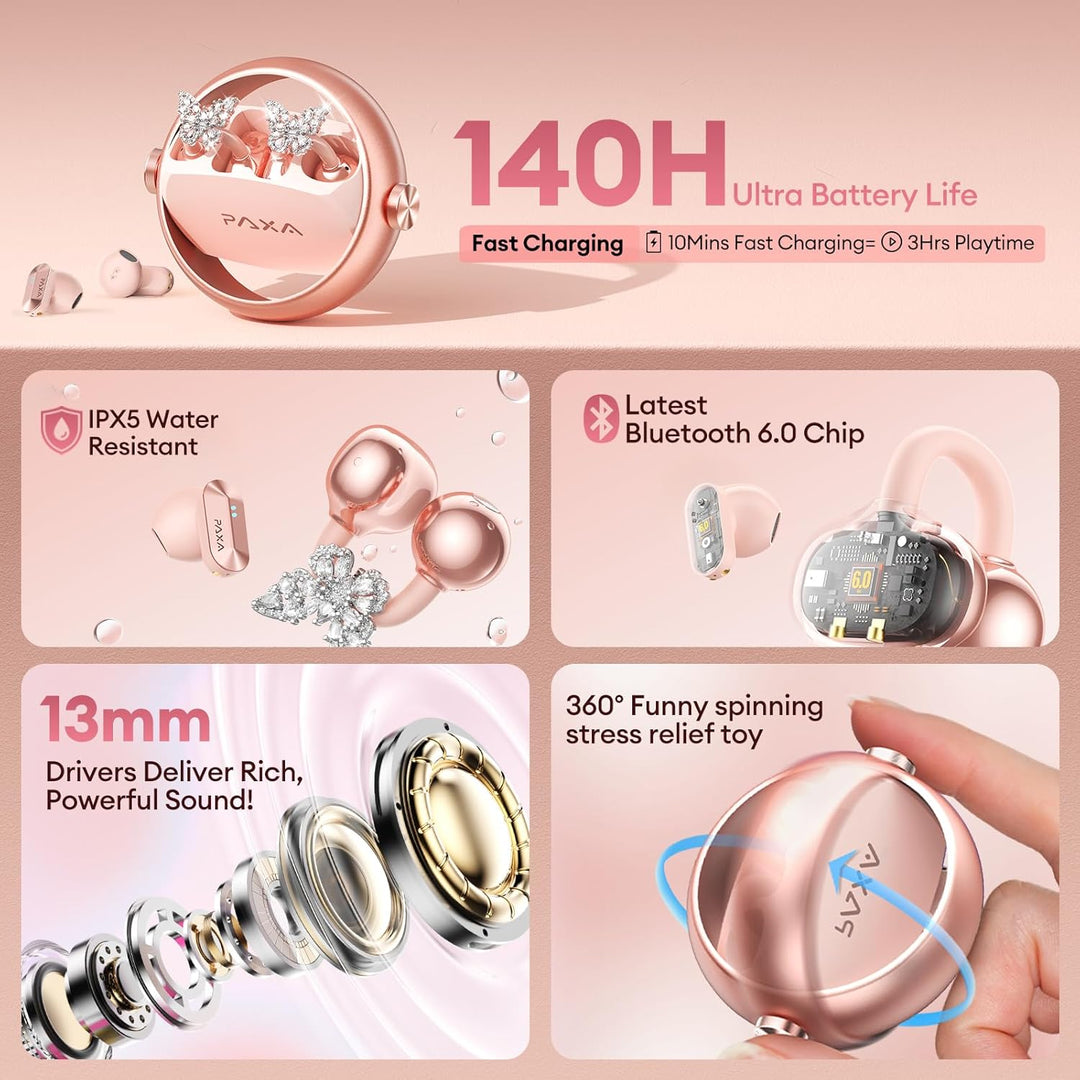 PAXA 3-in-1-Ohrringe Open Ear Kopfhörer, Stylische Modische Open Ear Kabellose Clip kopfhörer In Ear