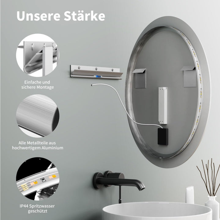 ApeJoy® runder Badspiegel ø60cm mit Beleuchtung, LED Wandspiegel mit Touch-Schalter, Lichtspiegel Wa
