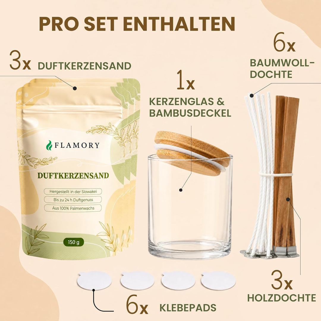 Kerzensand mit Duft Starter Set 3x150g inkl. Glas & Deckel – [Orange/Citronella/Verbena] – 9 Dochte