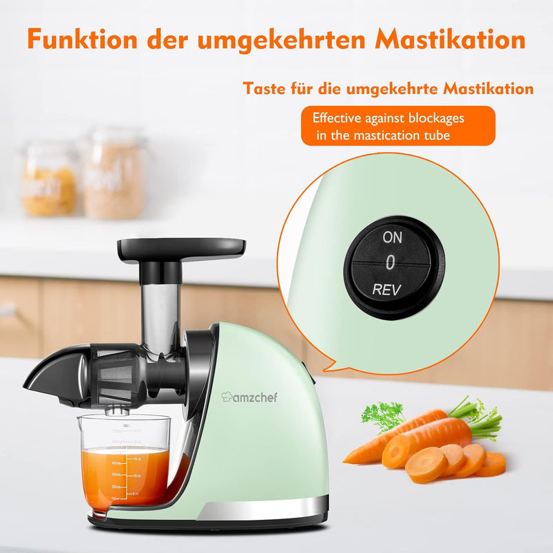 AMZCHEF Entsafter Gemüse und Obst - Entsafter Slow Juicer mit Rückwärts-Kau-Funktion - Zartes Zerkle