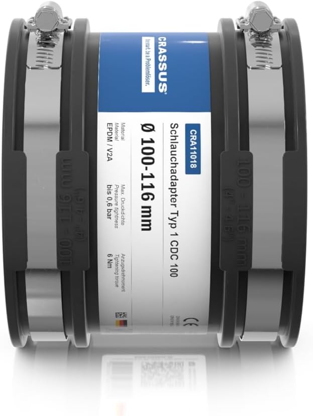 Crassus Schlauchadapter CDC 100 Typ 1 mit Innenlippe, TPE/ V2A, 1 Stück, 100-116 mm, CRA11018, 100-1