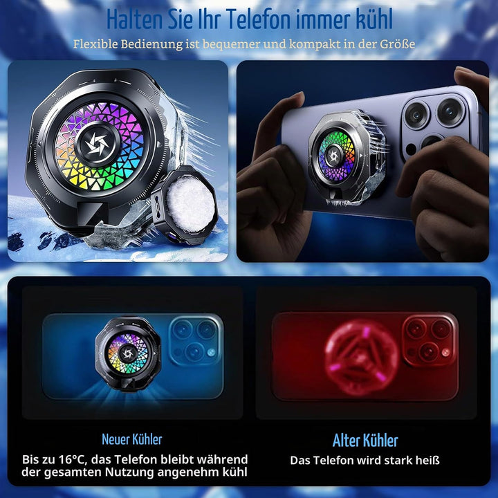 Handy Kühler, Tragbarer Magnetischer Handy Kühler mit RGB‑Beleuchtung, mit Echtzeit‑Temperaturanzeig