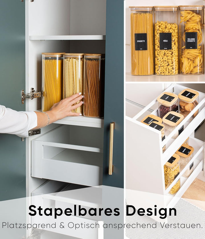 Deco haus® Spaghetti Aufbewahrung 3er Set Eckig - Vorratsgläser mit Deckel + Etiketten [LUFTDICHT] -