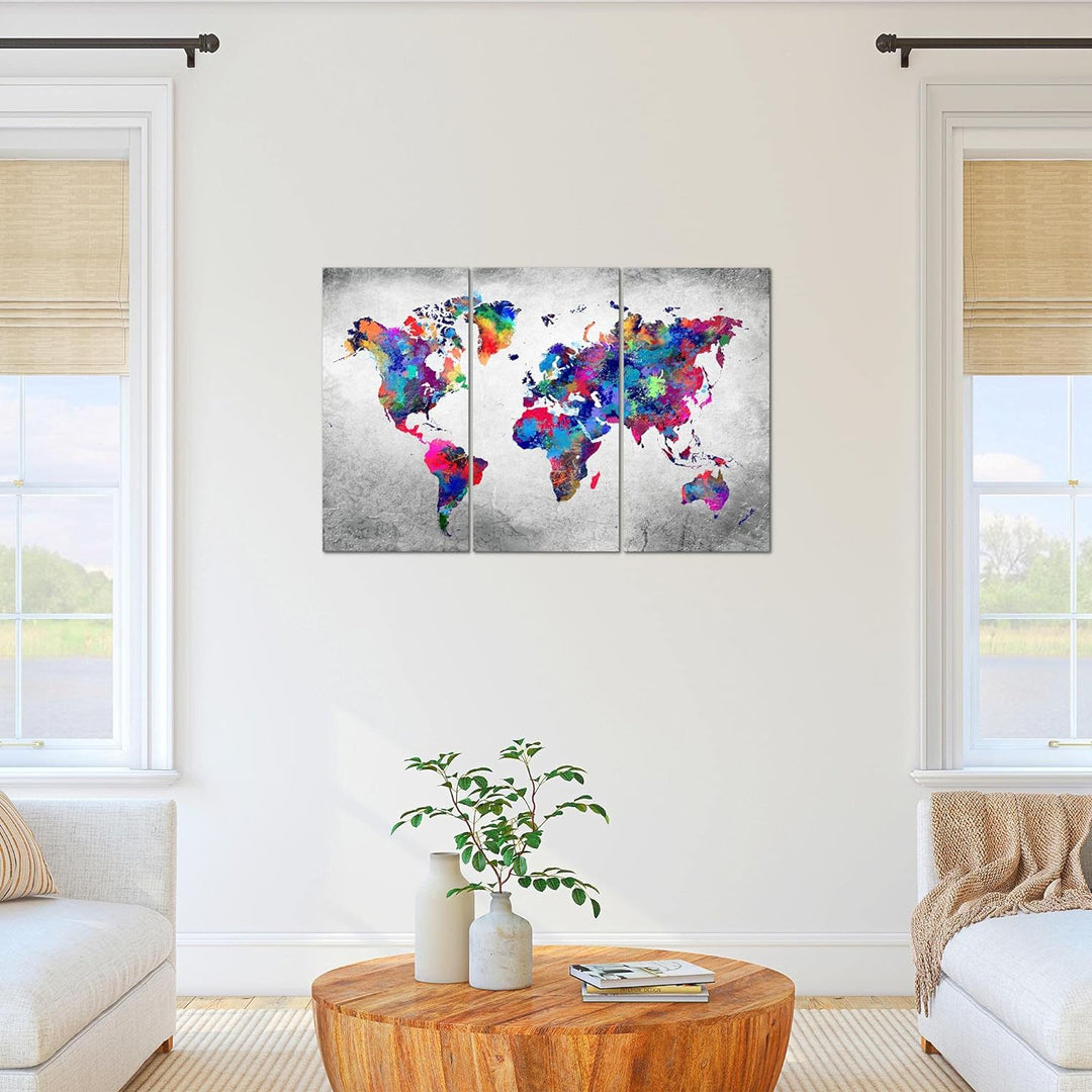 Runa Art Wandbilder Weltkarte Bild XXL Büro Wohnzimmer Bunt Vintage Kontinente 120 x 80 cm 3 Teilig