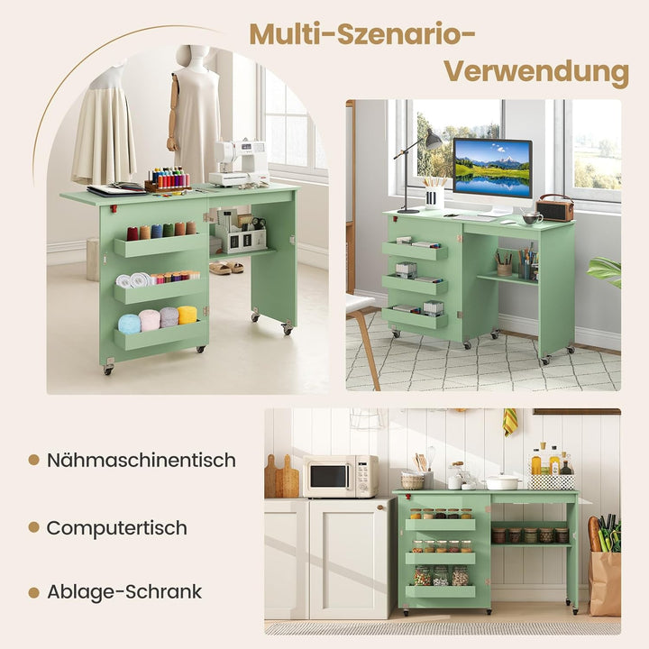 COSTWAY 2 in 1 Nähtisch klappbar, Nähmaschinenschrank Holz mit Regalen & Ablagefach, Nähschrank mit