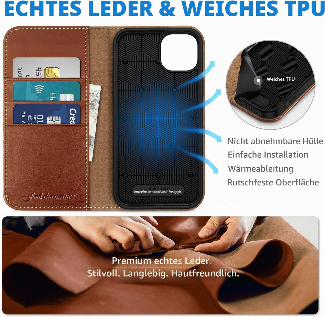 SHIELDON Hülle für iPhone 15 Plus, Handyhülle [Echtleder] [Kartenfach] [Magnet] [Standfunktion] [RFI