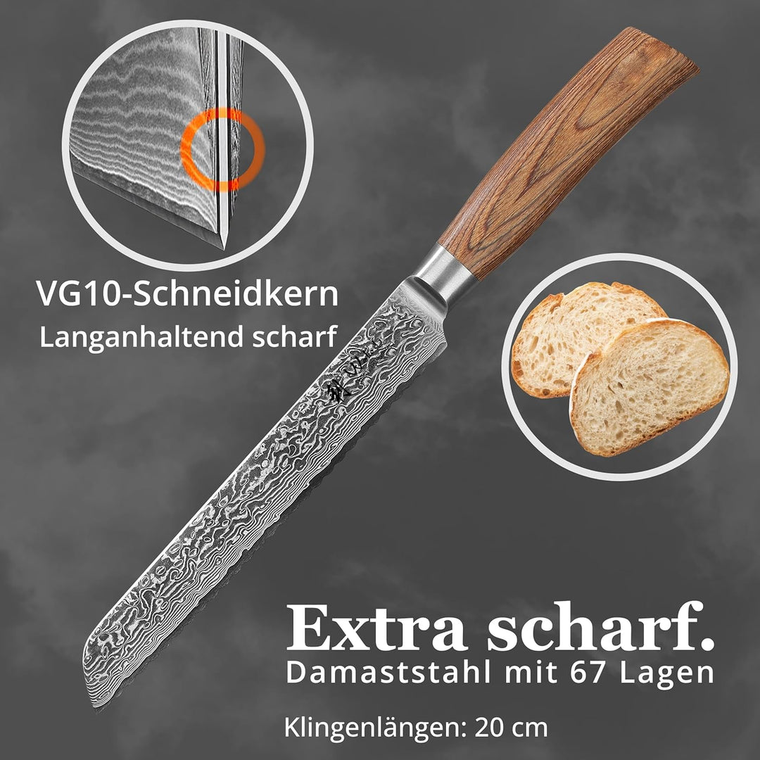 Wakoli EDIB Pro Brotmesser Wellenschliff aus echtem Damaststahl (VG10 Kern) 20 cm Klinge – Scharf &