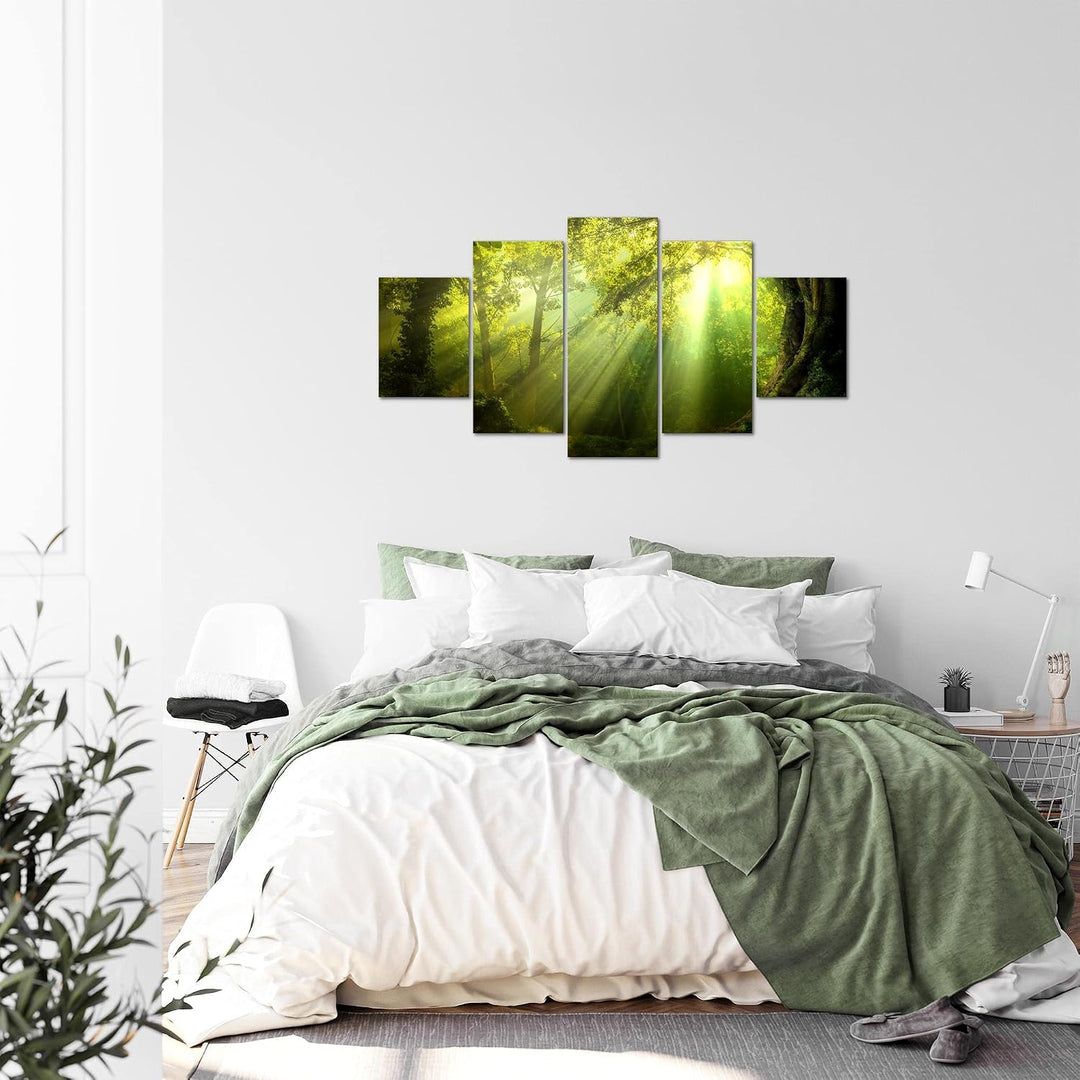 Runa Art Bild Schlafzimmer Wohnzimmer Wald Landschaft 5 Teilig Sonne Grün Wandbilder auf Vlies Leinw