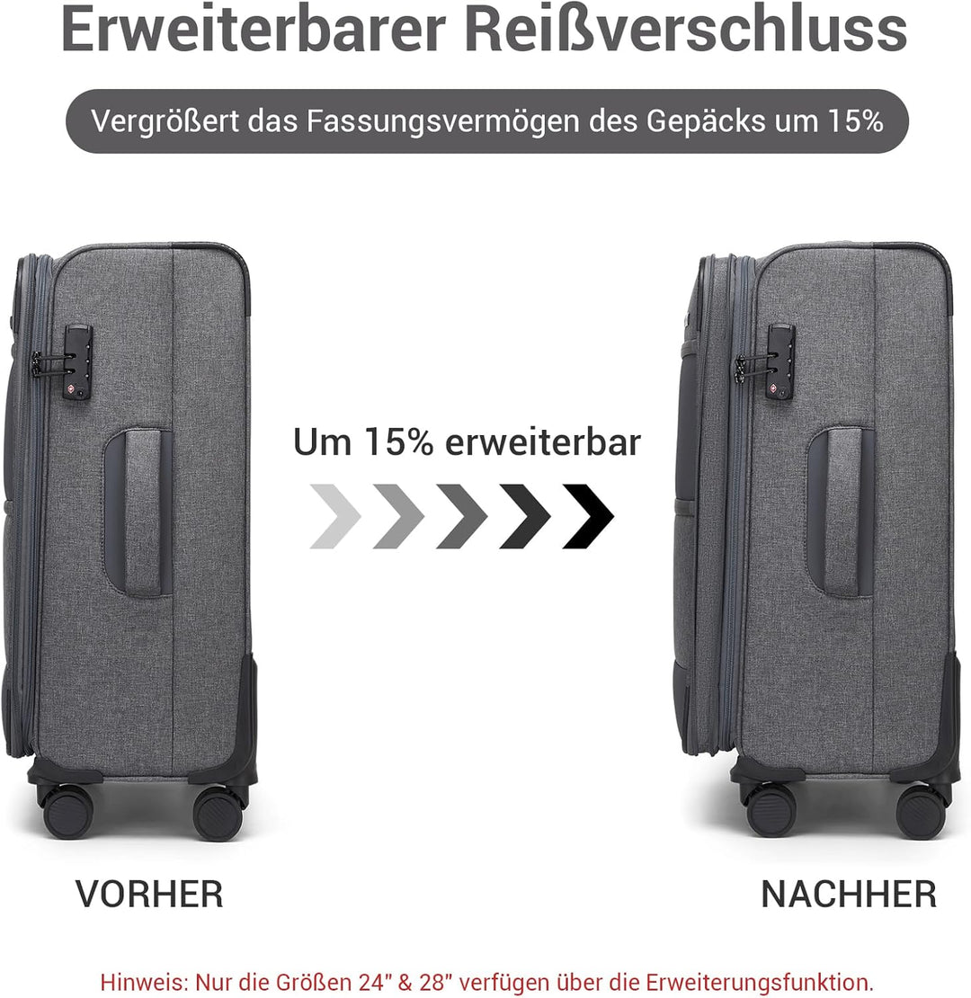 British Traveller Erweiterbarer Mittelgross Koffer, 68L Stoff Reisekoffer mit Volumenerweiterung,4 R