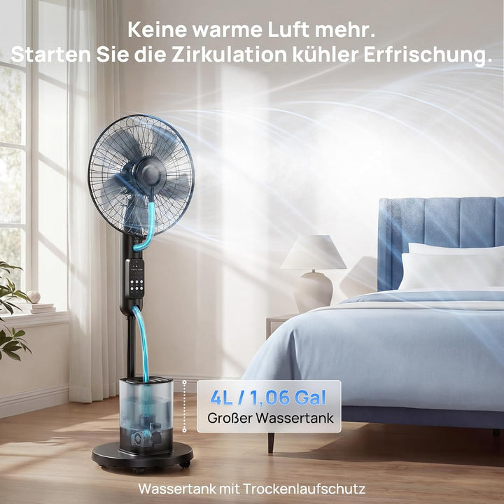 NebulaFlow Ventilator mit Nebel, 2026 Upgrade 4L Wassertank Standventilator, 7,5H Timer, 5 Geschw&3