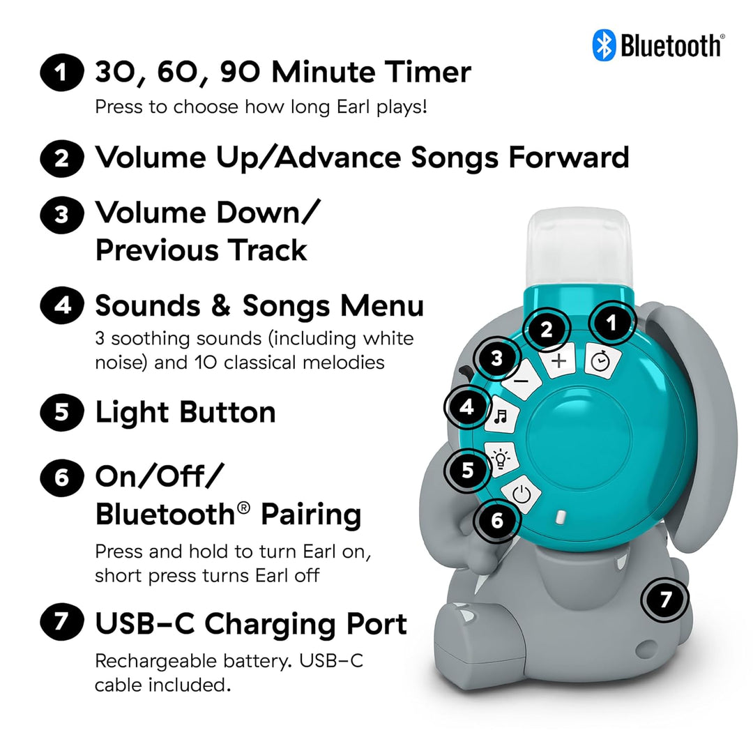 Baby Einstein Earl der Elefant Bluetooth Sound Machine, Musikanlage + Nachtlicht, Baby bis Kleinkind