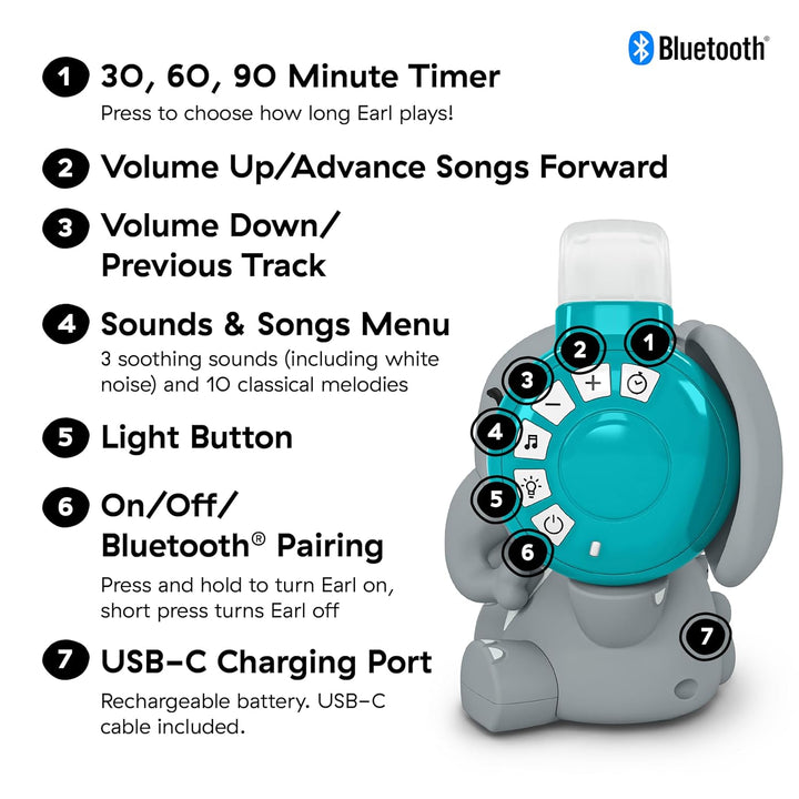 Baby Einstein Earl der Elefant Bluetooth Sound Machine, Musikanlage + Nachtlicht, Baby bis Kleinkind