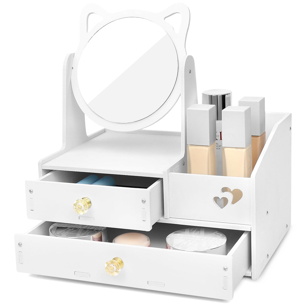 LEcylankEr Schminktisch Organizer mit 360° Spiegel und Schublade, Kosmetik Organizer aus PVC Weiss,